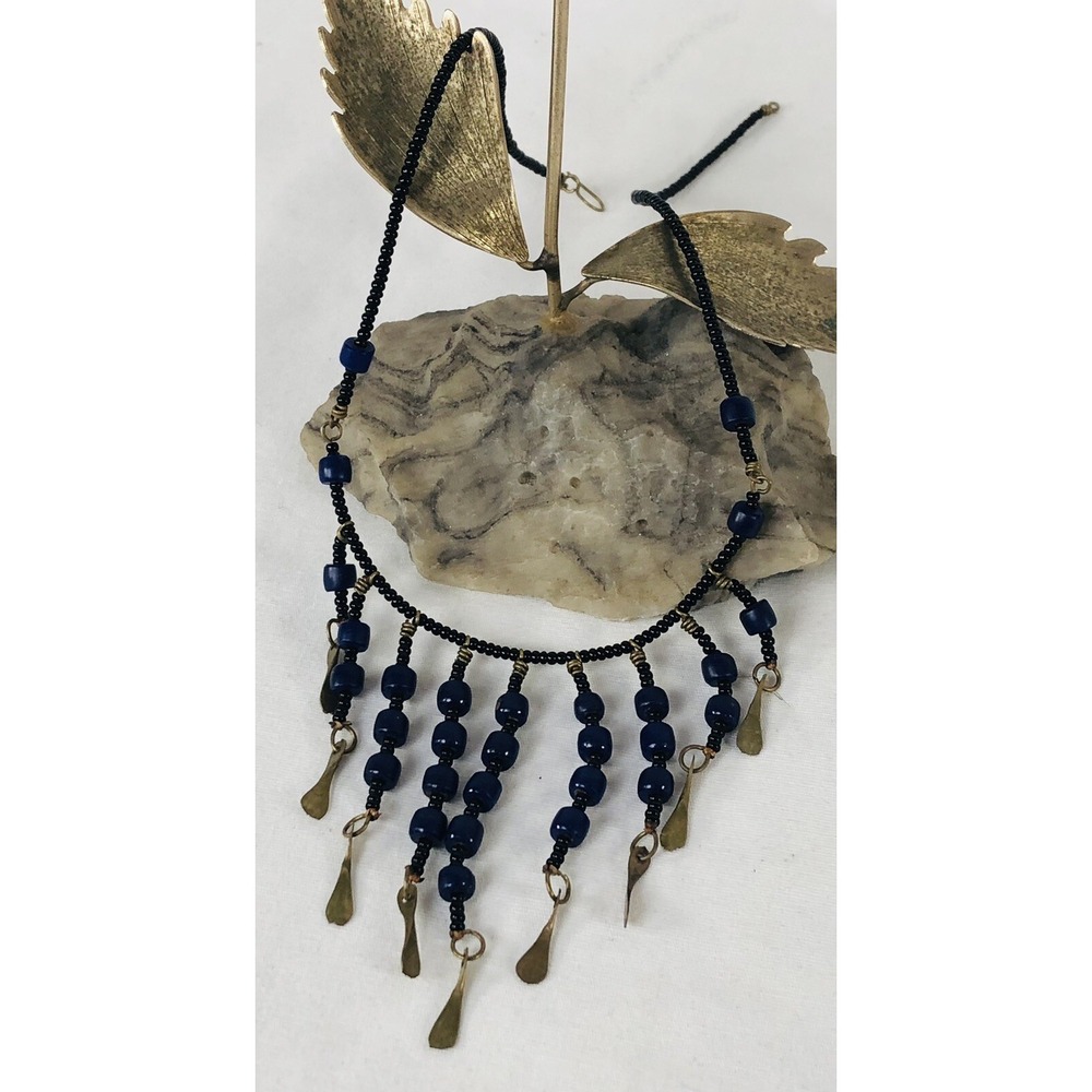 70s L Brass Bohemian Bib Necklace  17" Purple Wood Black Sea Glass Seed Beads